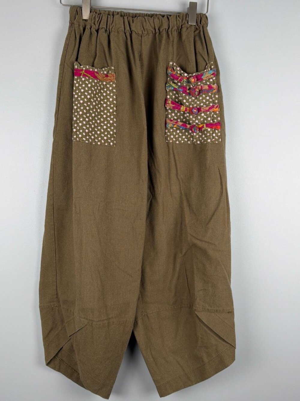 Tulip Hem Relaxed Fit Pants Women M Green Bohemian Lagenlook Comfort Travel Trip